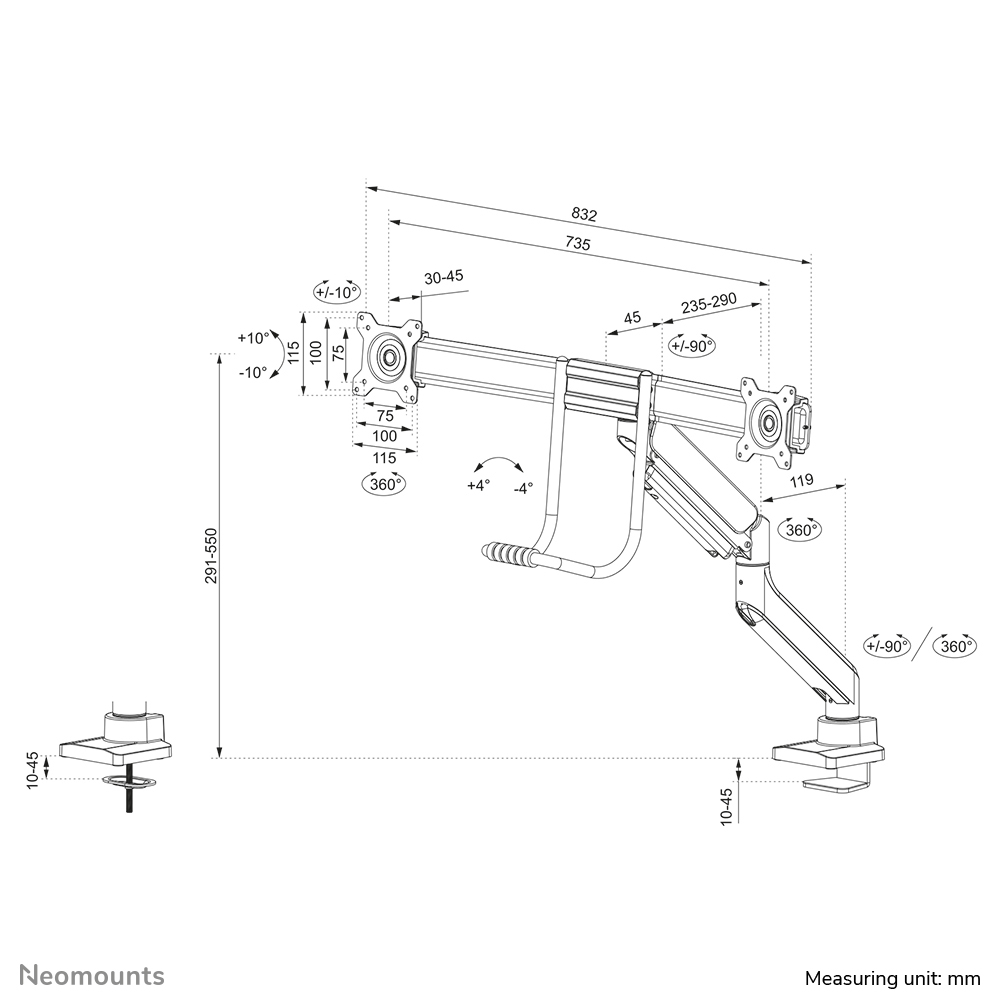 Neomounts DS75-450WH2 Monitorarm 17-32" - Gasfeder - Topfix - 180°-Stopp